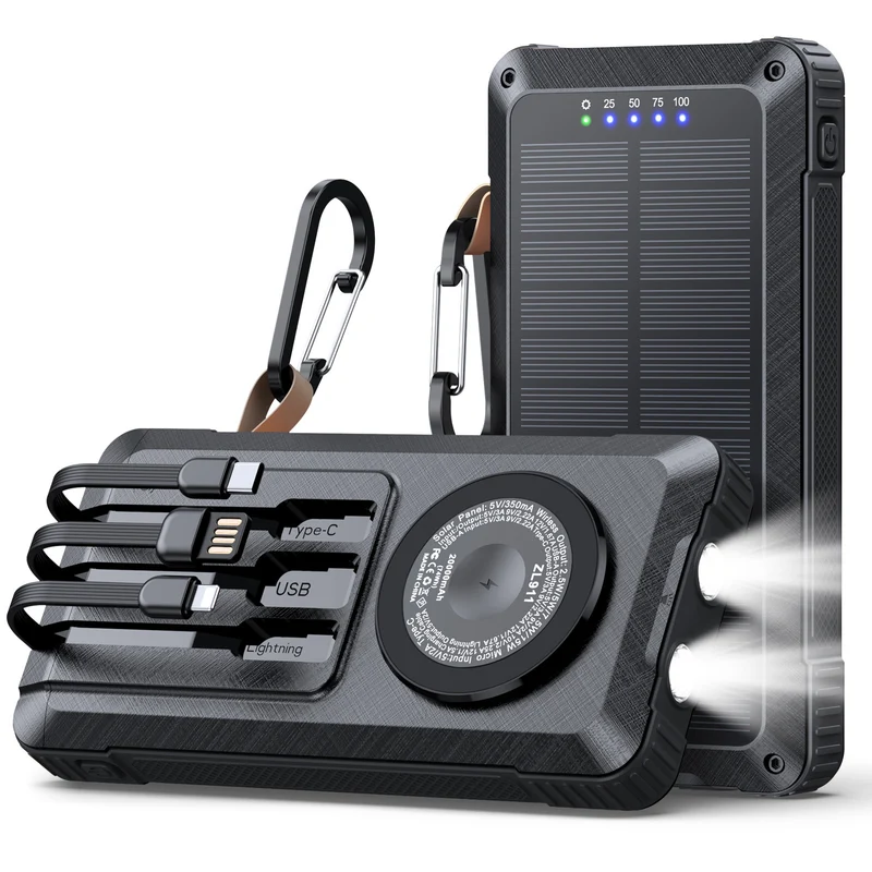 Solar Powerbank mit multifunktionalem LED-Licht und integriertem Ladekabel Skanto