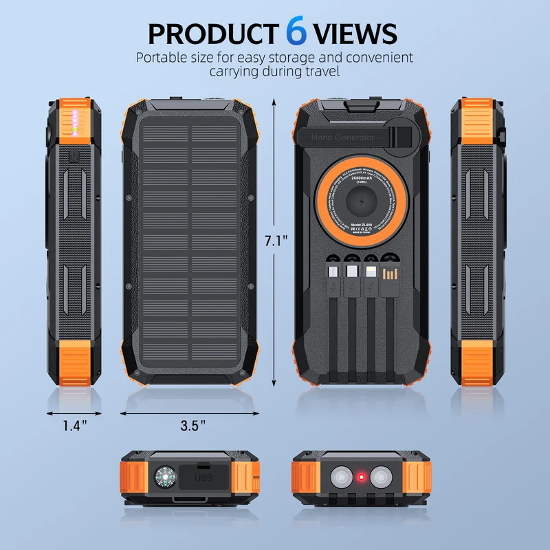 Multifunktionale Solar Powerbank mit LED-Licht und integriertem Ladekabel Skanto