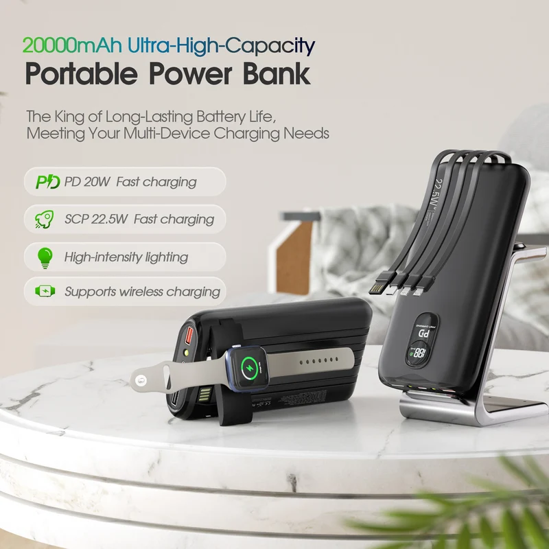 Tragbare Powerbank mit schneller induktiver Ladefunktion und mehreren USB-Anschlüssen Skanto