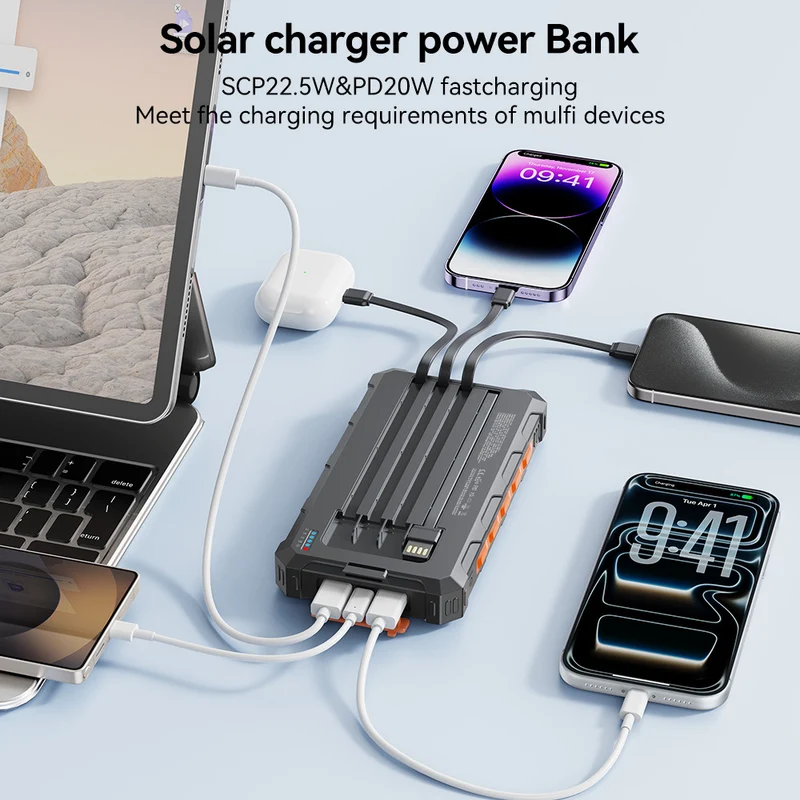 Solar-Powerbank mit integrierten Ladekabeln und robustem Gehäuse Skanto