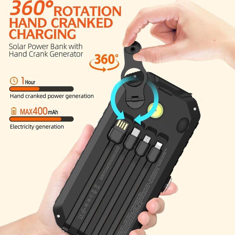 Solar-Powerbank mit integrierten Ladekabeln und LED-Taschenlampe Skanto