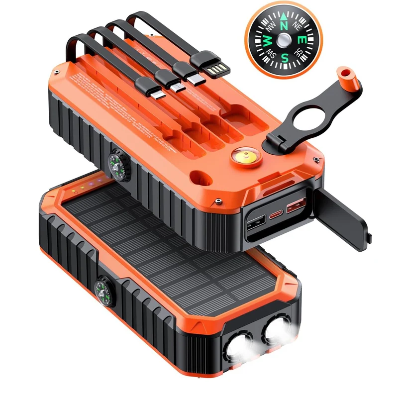 Solar-Powerbank mit integrierten Ladekabeln und LED-Taschenlampe Skanto