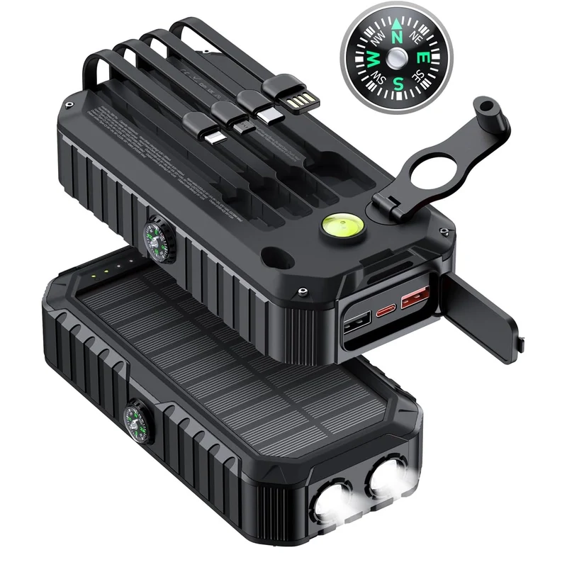 Solar-Powerbank mit integrierten Ladekabeln und LED-Taschenlampe Skanto