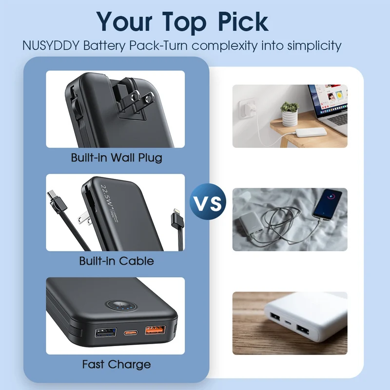 Powerbank mit integriertem Netzstecker und Schnellladefunktion Typ-C Skanto