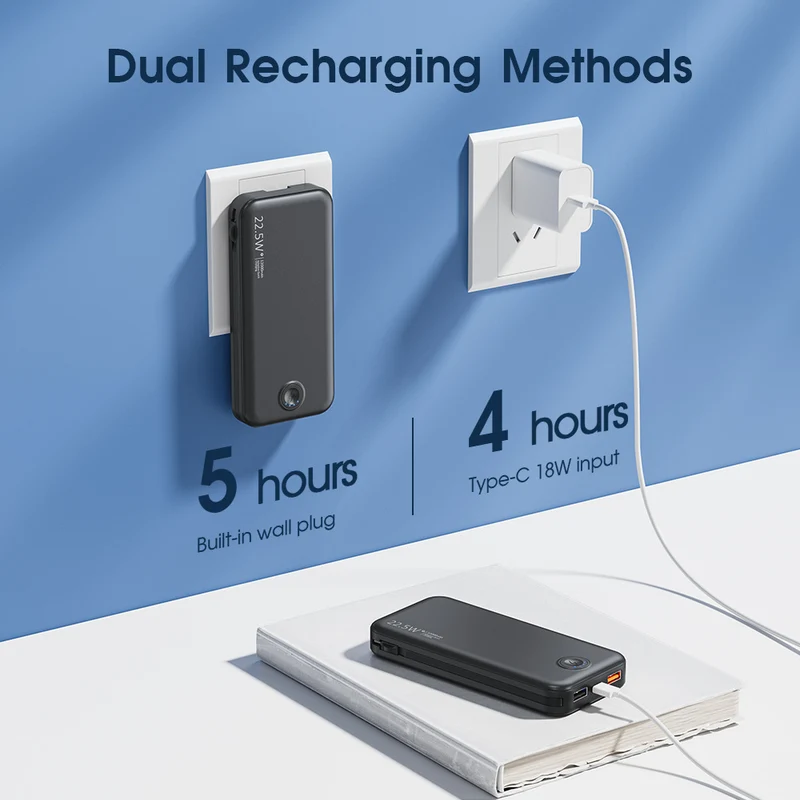 Powerbank mit integriertem Netzstecker und Schnellladefunktion Typ-C Skanto