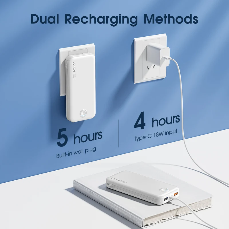 Powerbank mit integriertem Netzstecker und Schnellladefunktion Typ-C Skanto