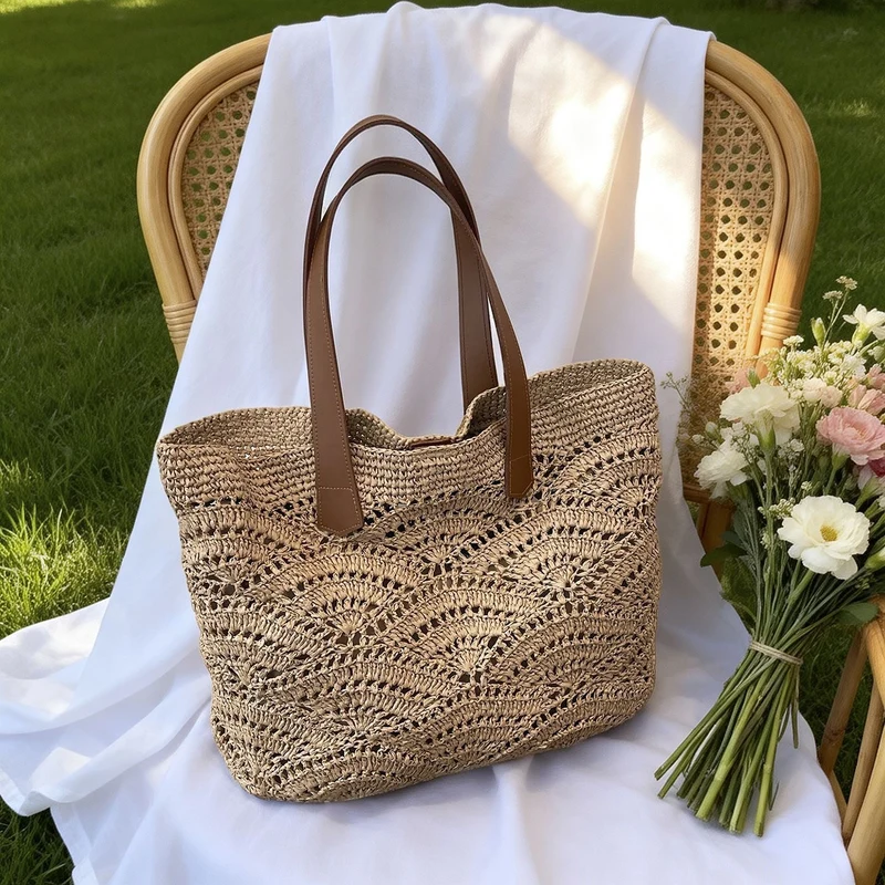Handtasche aus hochwertigem gewebtem Naturmaterial mit eleganten Ledergriffen Skanto