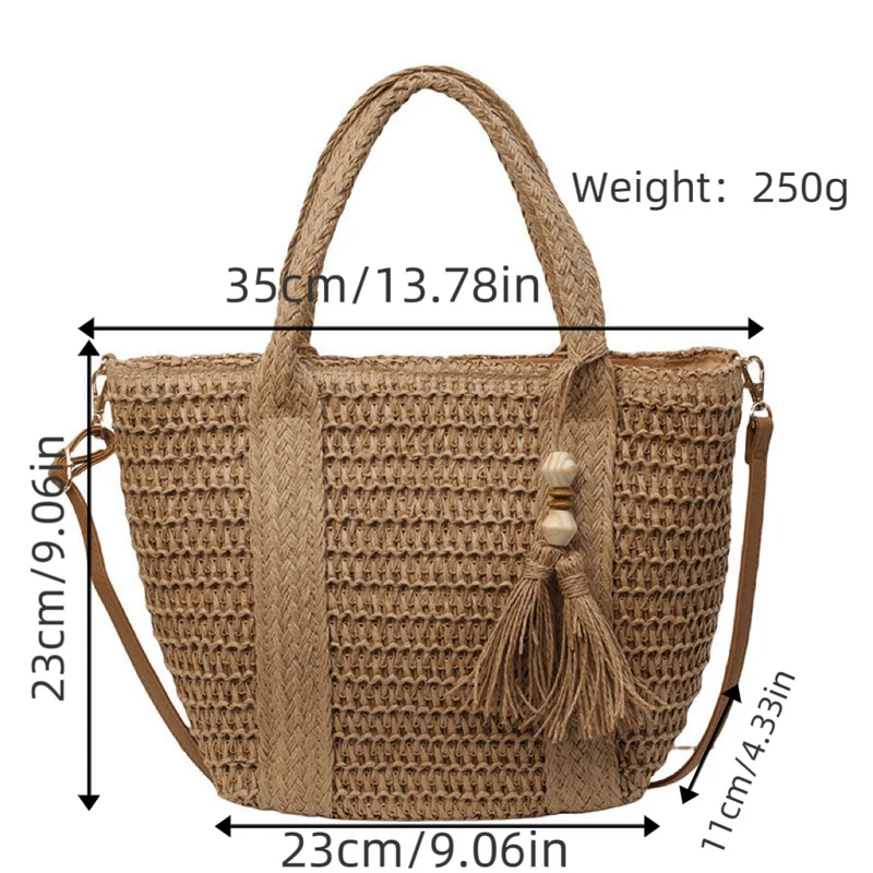 Geflochtene Tragetasche mit Quasten und Lederdetails Skanto