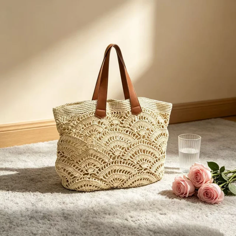 Geflochtene Strandtasche mit Ledergriffen Skanto