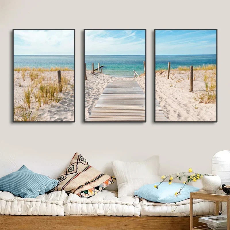 3er-Set Blaue Ozean Sandstrand Wandkunst Fine Art Leinwanddruck Inspiration Meereslandschaften Bilder der Gelassenheit für das Wohnzimmer | Skanto