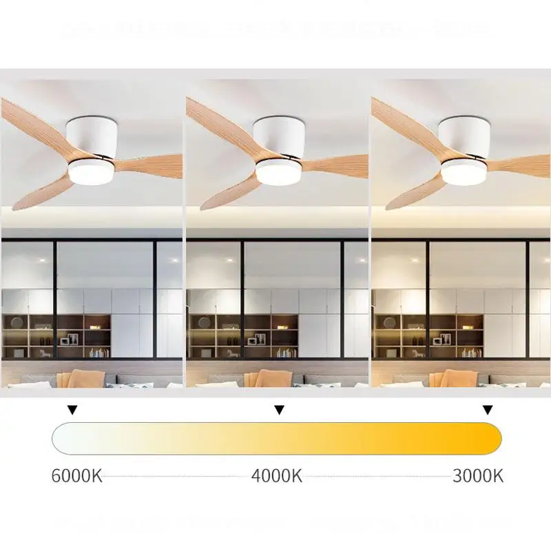 42/52 Zoll Deckenventilatoren mit LED-Licht – 3 Farben, 6 Geschwindigkeiten DC-Motor, Fernbedienung, flache dekorative Ventilatoren mit Beleuchtung | Skanto