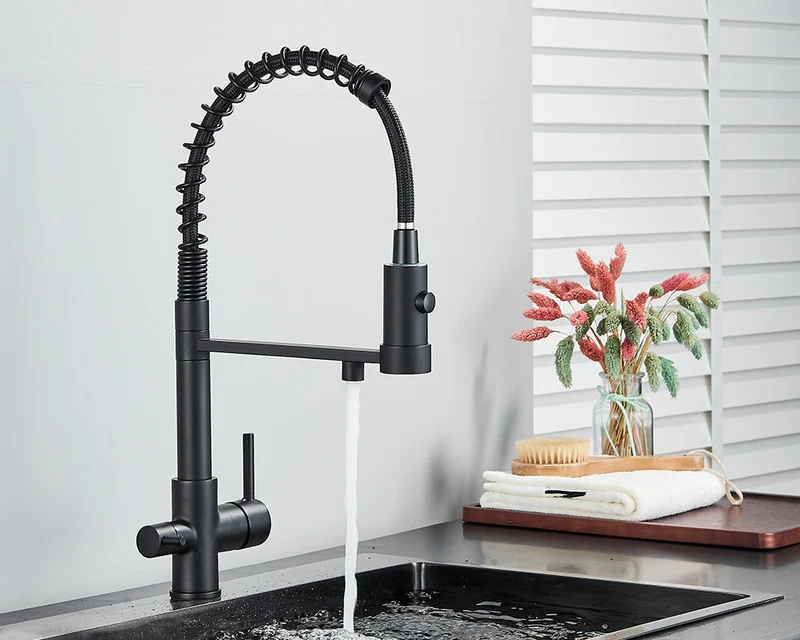Sandsberg Schwarzer Filter-Küchenarmatur mit Doppelauslauf – Mischbatterie mit Wasserfilter für die Küche, Wasseraufbereitung und Reinigung | Skanto