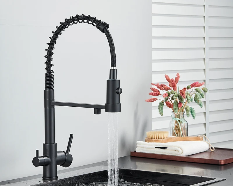 Sandsberg Schwarzer Filter-Küchenarmatur mit Doppelauslauf – Mischbatterie mit Wasserfilter für die Küche, Wasseraufbereitung und Reinigung | Skanto