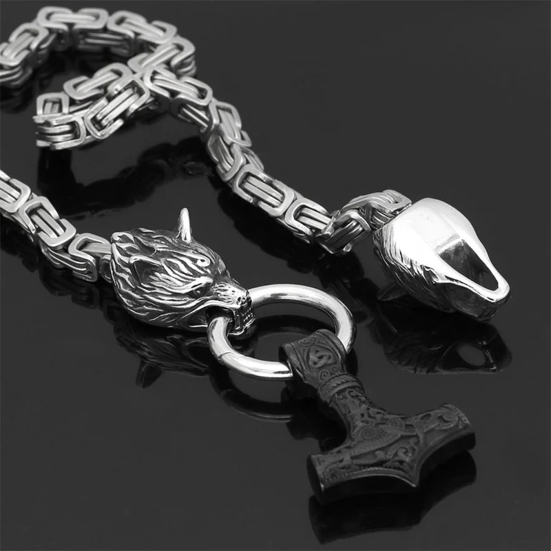 Skanto | 60–90 cm Edelstahl Doppel-Wolfskopf & Mjölnir Survival Segment Halskette/Armband