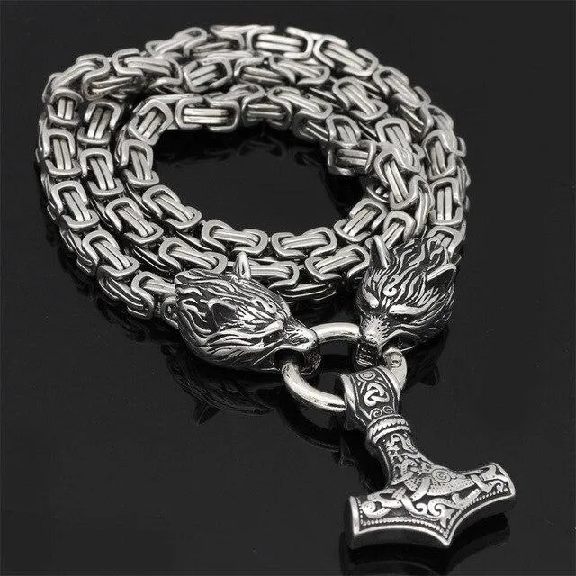 Skanto | 60–90 cm Edelstahl Doppel-Wolfskopf & Mjölnir Survival Segment Halskette/Armband