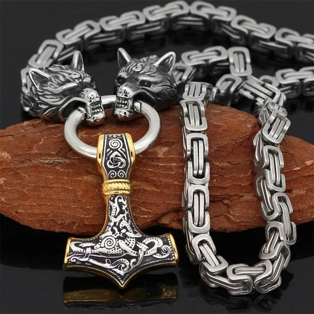 Skanto | 60–90 cm Edelstahl Doppel-Wolfskopf & Mjölnir Survival Segment Halskette/Armband
