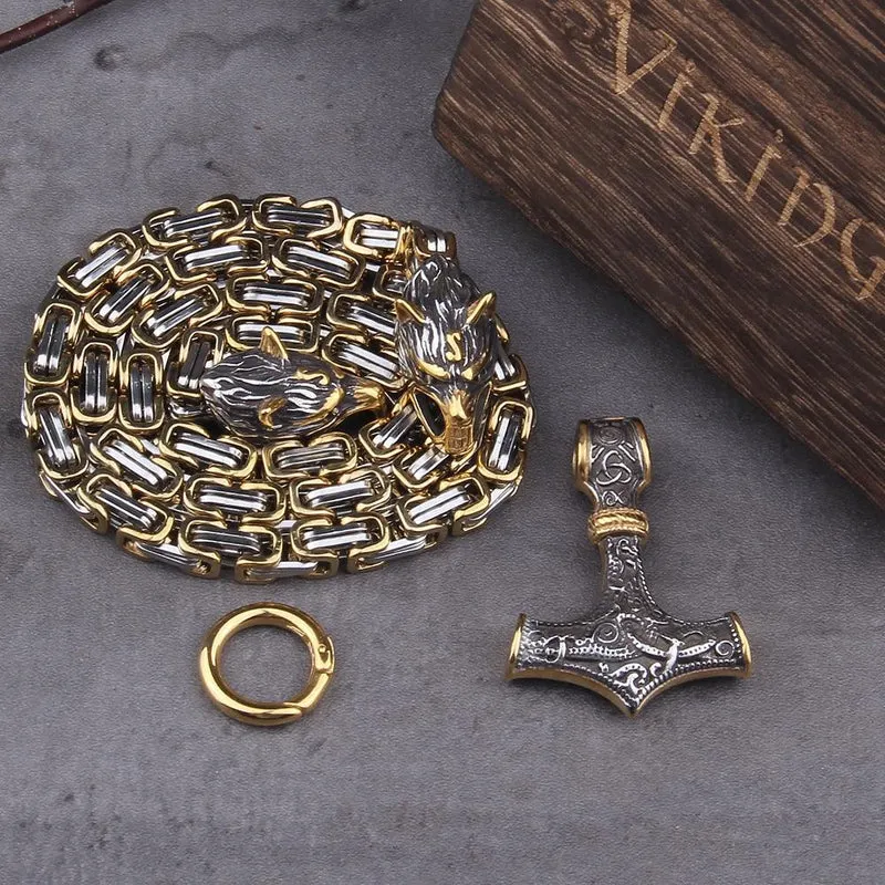 Skanto | 60–90 cm Edelstahl Doppel-Wolfskopf & Mjölnir Survival Segment Halskette/Armband