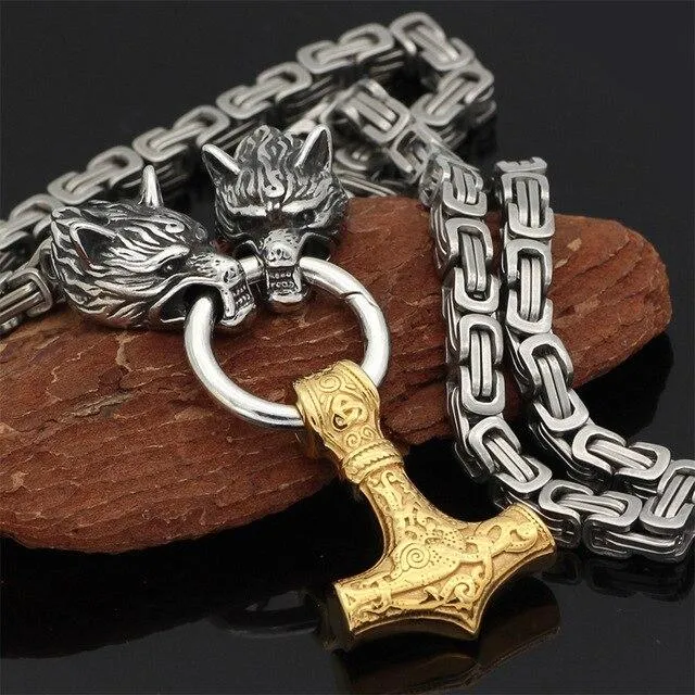 Skanto | 60–90 cm Edelstahl Doppel-Wolfskopf & Mjölnir Survival Segment Halskette/Armband